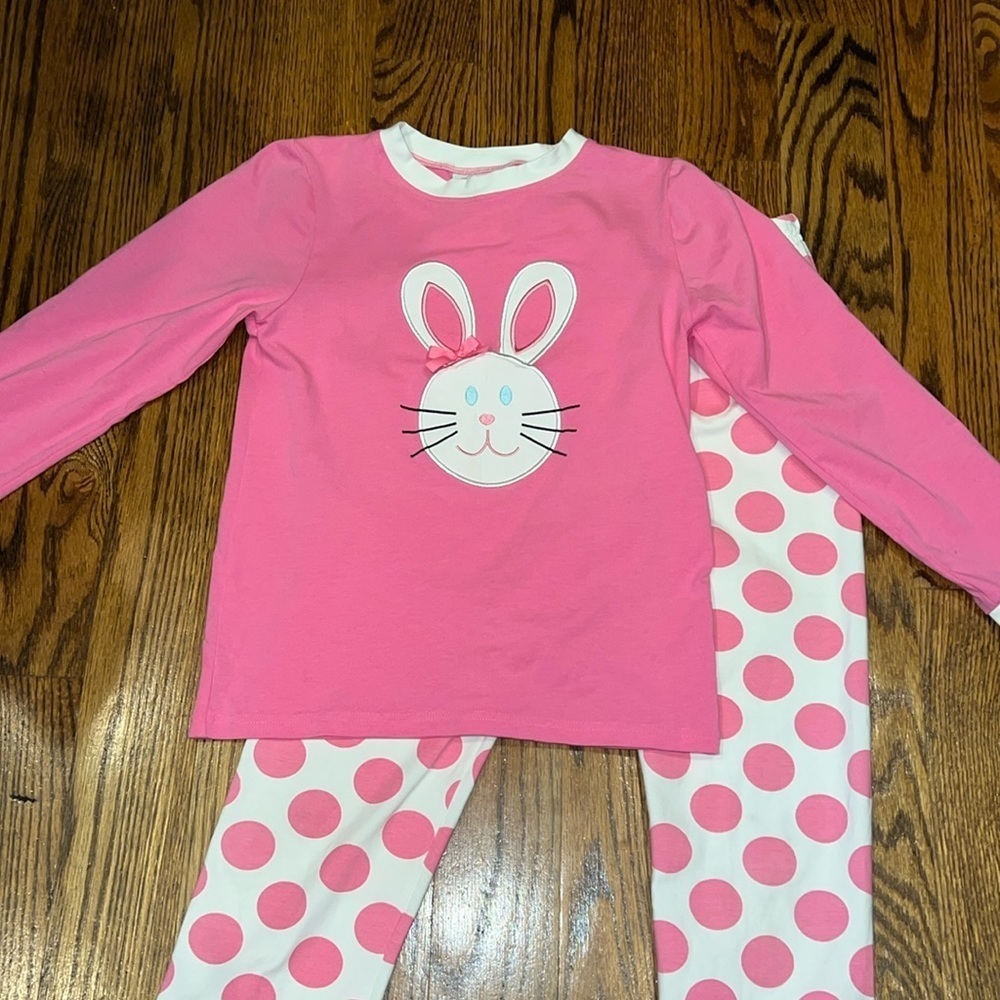 Smocked Auctions Bunny Pink and White Easter Bunny Pajamas size 10